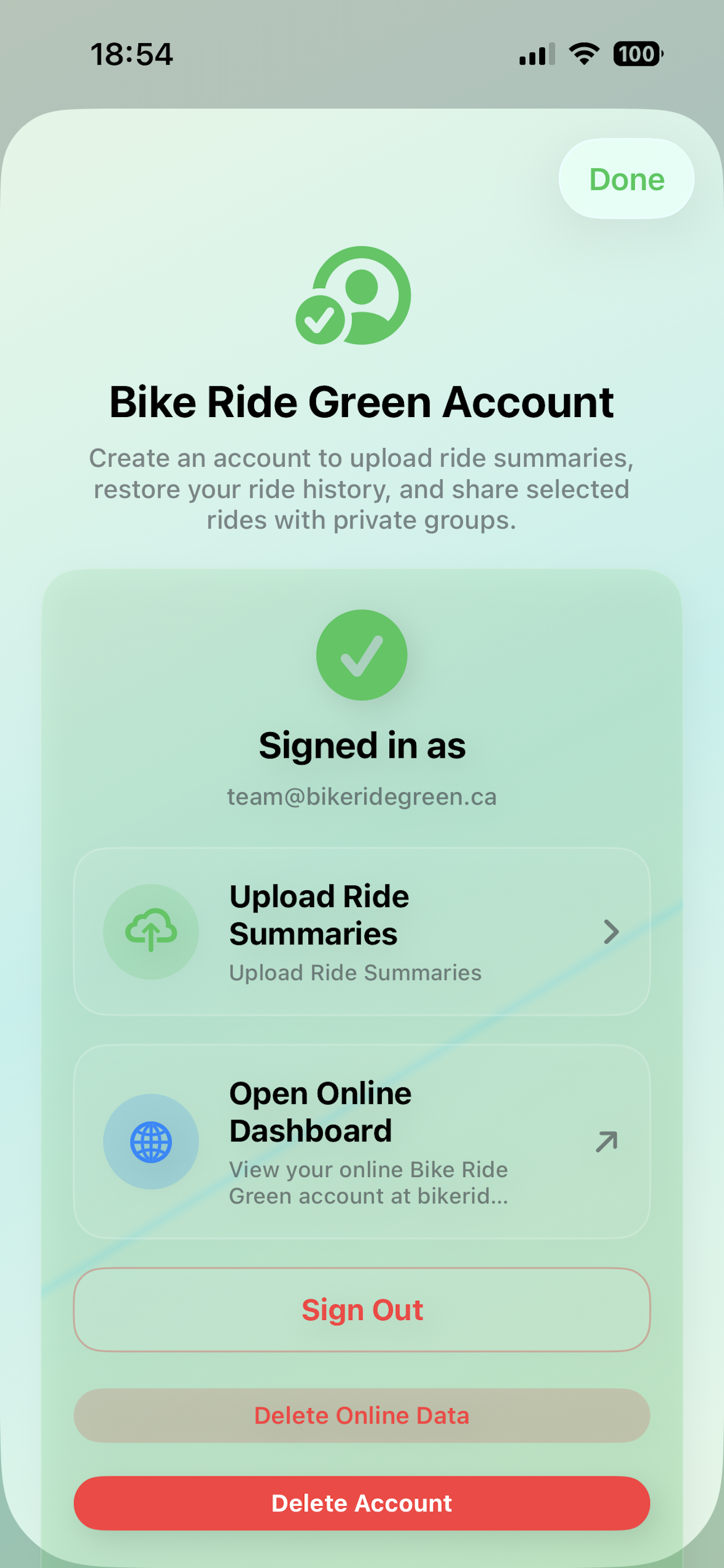 Bike Ride Green online account and group dashboard